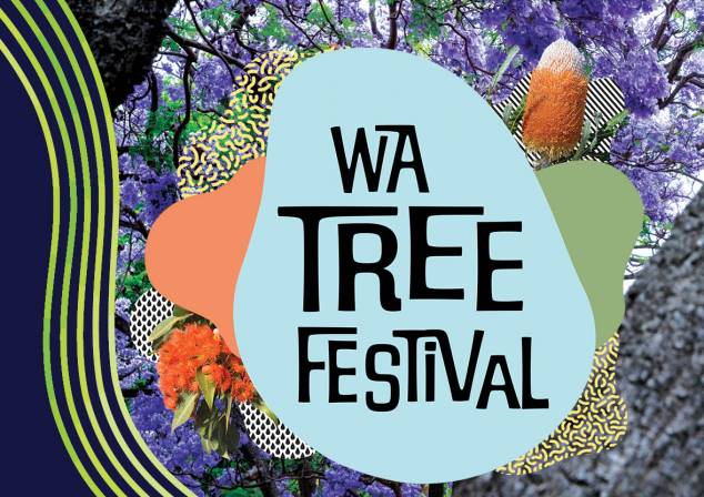 WA Tree Festival text on a picture of jacaranda trees.